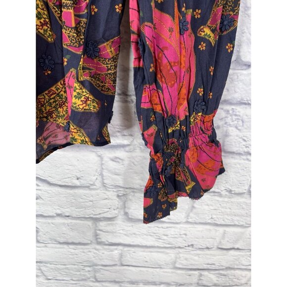 FARM RIO Women's Navy Patchwork Banana Ruffle Tie Neck Embroidered Blouse NWT M - Picture 3 of 6